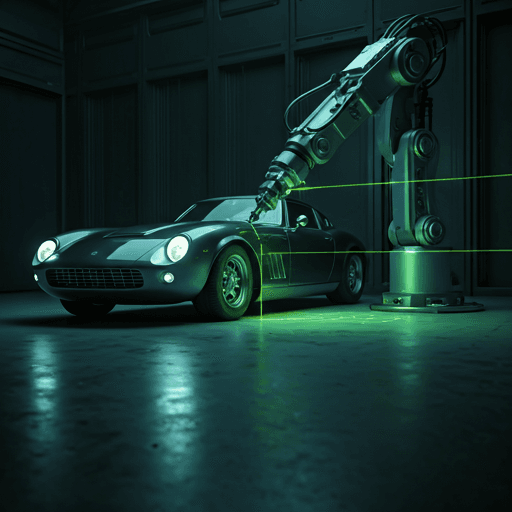 High-tech scanner arm scanning classic vehicle in engineering lab